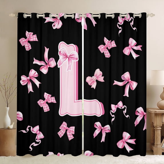 Feelyou Kawaii Monogrammed L Blackout Curtains Set of 2 (52x84 Each) for Teen, Black Pink Bow-tie Window Curtains, Cartoon Princess Bow Curtains and Drapes, Black Out Curtains Decor