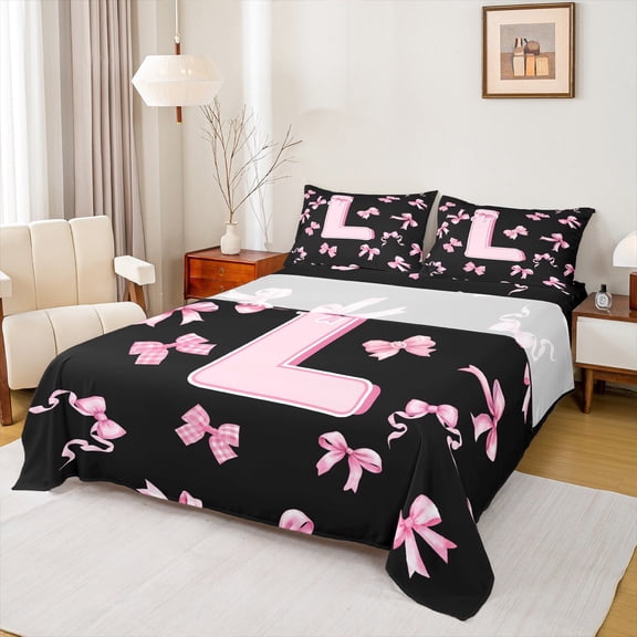 Feelyou Kawaii Monogrammed L Full Size Sheets for Teen, Black Pink Bow-tie Bed Sheets, Cartoon Princess Bow Sheet Sets, Microfiber Bedroom Decor, 4 Pieces