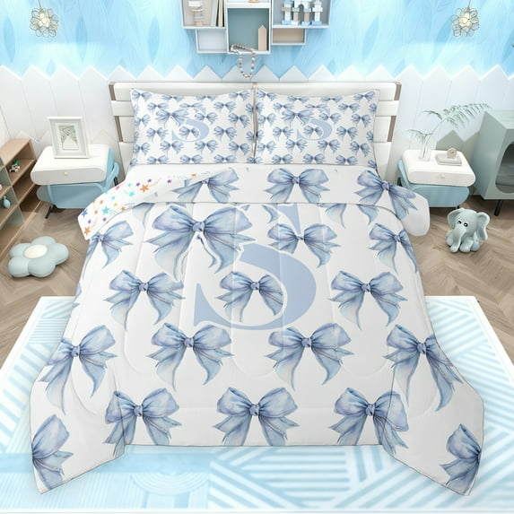 Feelyou Kawaii Monogrammed S Bedding Comforter Set for Teens, Fashion Bowknot Ribbon Twin Comforter Sets, Cute Princess Style Reversible Bedding Set, Microfiber Bedroom Decor, 2pcs