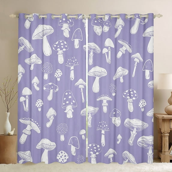 Feelyou Kawaii Mushroom Kids Blackout Curtains Set of 2 (52x84 Each), Jungle Plant Botanical Window Curtains, Dreamy Purple Cartoon Curtains and Drapes, Blackout Curtains Room Decor