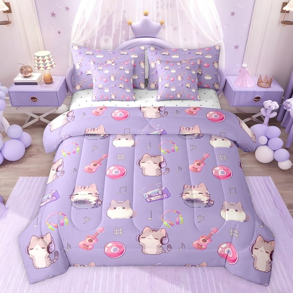 Feelyou Kawaii Music Cat Twin Bedding Sets 7-Piece, Cartoon Guitar Bedding Comforter Set, Teens Kids Boys Girls Reversible Sheet Sets, Ultra Soft Bedroom Decor