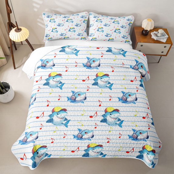 Feelyou Kawaii Music Shark Quilt King for Boys Girls, Striped Animal King Coverlet Set, White Blue, 3 Pieces