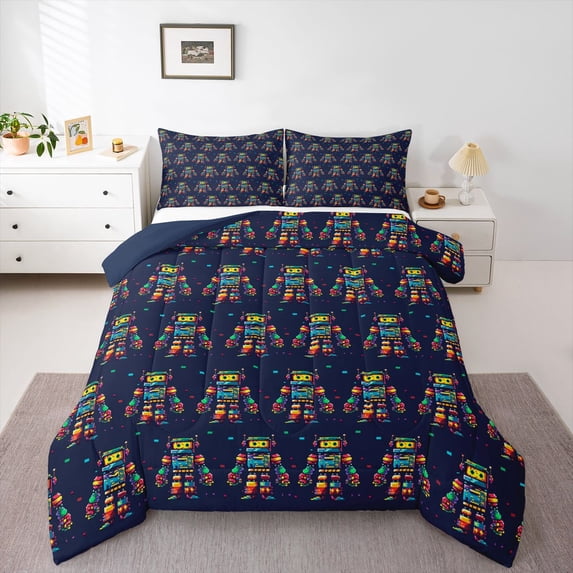 Feelyou Kawaii Navy Robot Full Size Comforter Sets, Kids Boys Girls Bedding Sets, 3pcs