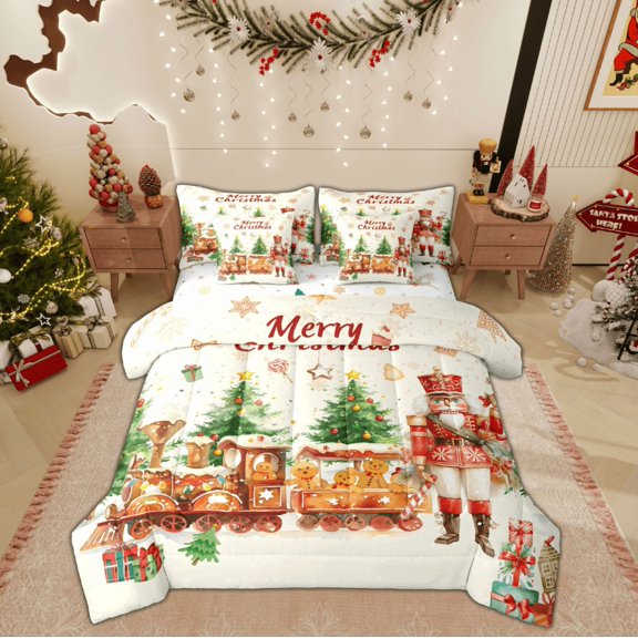 Feelyou Kawaii Nutcracker Kids Bedding Comforter Set 7pcs, Christmas Tree Gift Queen Bedding Sets, Cartoon Gingerbread Man Reversible Queen Sheet Sets, Lightweight Room Decor