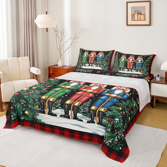 Feelyou Kawaii Nutcracker Queen Sheet Sets, Christmas Festival Flat Sheet, Cartoon Royal Guarder Queen Fitted Sheet, Super Cozy Room Decor,4-Piece