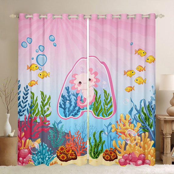 Feelyou Kawaii Ocean Axolotl Blackout Curtains Set of 2 (52x84 Each) for Teens, Initial A Letter Window Curtains, Dreamy Marine Animal Curtains and Drapes, Curtains and Drapes Home Decor