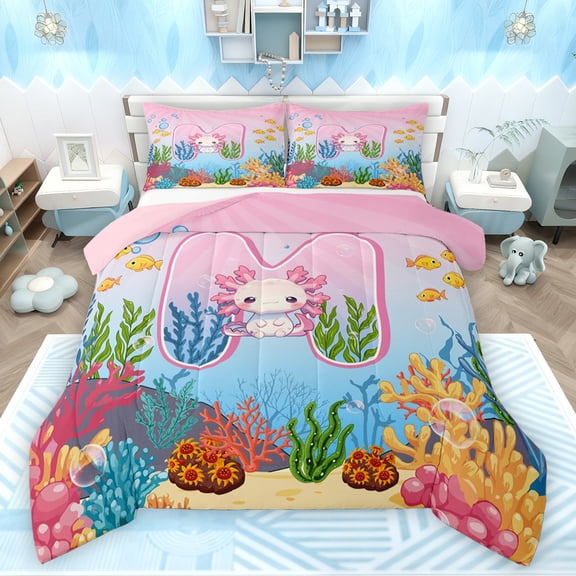 Feelyou Kawaii Ocean Axolotl Queen Comforter Set for Teens, Initial H Letter Bedding Sets, Dreamy Marine Animal Reversible Bedding Comforter Set, Breathable Home Decor, 3pcs