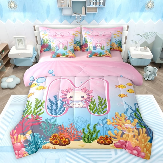 Feelyou Kawaii Ocean Axolotl Twin Bedding Sets 7-Piece for Teens, Initial H Letter Bedding Comforter Set, Dreamy Marine Animal Reversible Sheet Sets, Breathable Home Decor