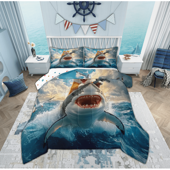 Feelyou Kawaii Ocean Sealife Full Size Comforter Sets, Cat Riding Shark Bedding Comforter Set, Teens Boys Girls Kids Reversible Bedding Sets, Microfiber Bedroom Decor, 3pcs