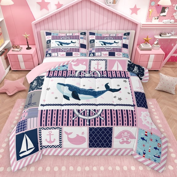 Feelyou Kawaii Ocean Whale Full Size Comforter Sets, Cartoon Marine Rudder Bedding Comforter Set, Pink Patchwork Buffalo Reversible Bedding Sets, Super Cozy Room Decor, 3pcs