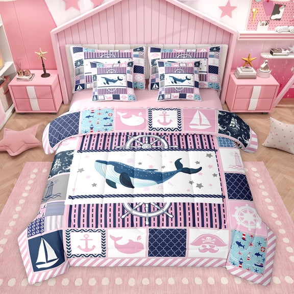 Feelyou Kawaii Ocean Whale Twin Bedding Sets 7-Piece, Cartoon Marine Rudder Bedding Comforter Set, Pink Patchwork Buffalo Reversible Sheet Sets, Super Cozy Room Decor