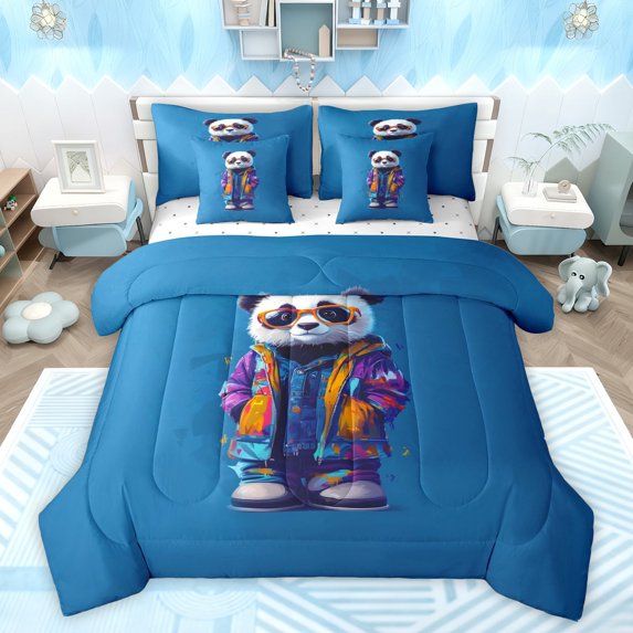 Feelyou Kawaii Panda Animal Twin Bedding Sets 7-Piece, Modern Fashion Style Bedding Comforter Set, Teens Kids Girls Boys Reversible Sheet Sets, Microfiber Bedroom Decor