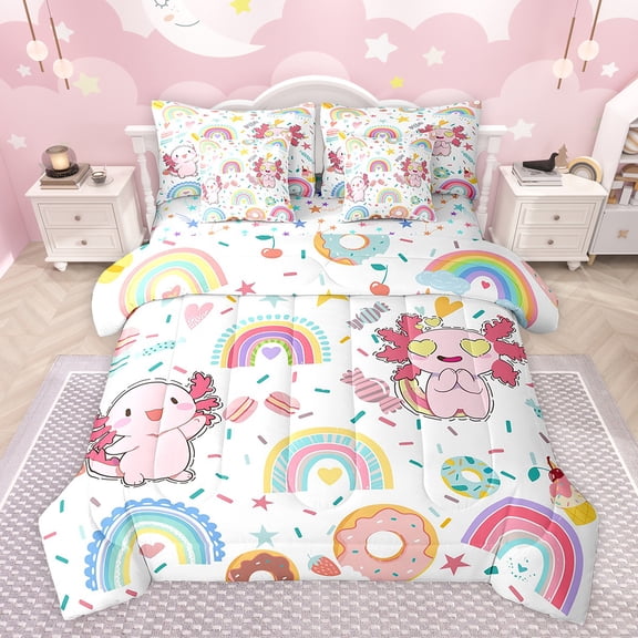 Feelyou Kawaii Pink Axolotl Bedding Comforter Set 7pcs for Child, Dreamy Rainbow Print King Bedding Sets, Cartoon Donut Dessert Reversible Bed Sheets, Ultra Soft Bedroom Decor