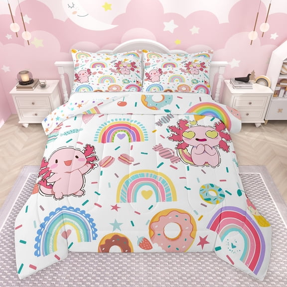Feelyou Kawaii Pink Axolotl Bedding Comforter Set for Child, Dreamy Rainbow Print Twin Comforter Sets, Cartoon Donut Dessert Reversible Bedding Set, Ultra Soft Bedroom Decor, 2 Pieces