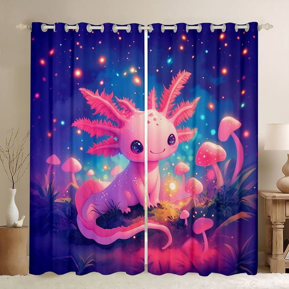 Feelyou Kawaii Pink Axolotl Black Out Curtains, Dreamy Jungle Mushroom Curtains Pack of 2 (42x63 Each), Fairy Tale Animal Bedroom Curtains, Living Room Curtains Decor