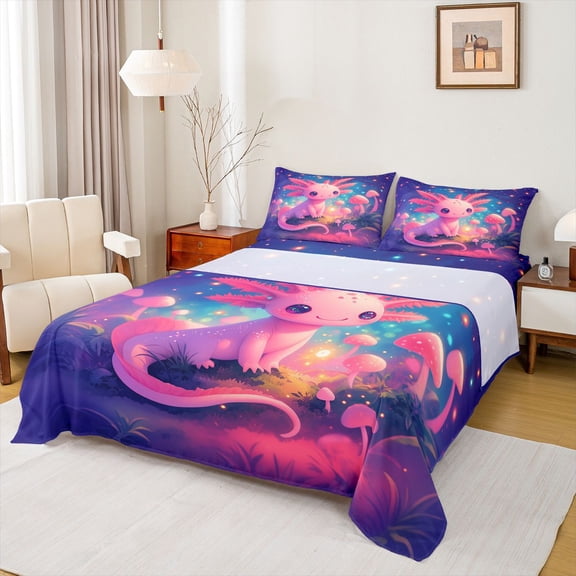 Feelyou Kawaii Pink Axolotl Full Size Sheets, Dreamy Jungle Mushroom Bed Sheets, Fairy Tale Animal Sheet Sets, Ultra Soft Bedroom Decor, 4pcs