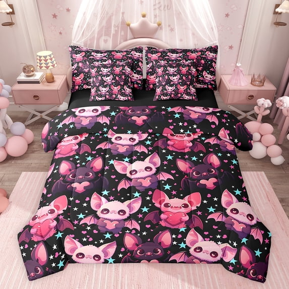 Feelyou Kawaii Pink Bat Bedding Comforter Set 7 Pieces for Kids, Magic Romantic Animal Full Bedding Set, Cartoon Stars Print Reversible Fitted Sheet Flat Sheet, Microfiber Bedroom Decor