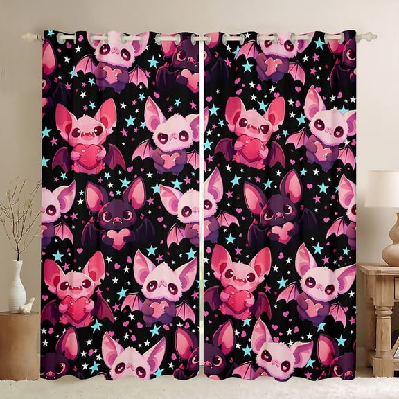 Feelyou Kawaii Pink Bat Blackout Curtains Set of 2 (52x84 Each) for Kids, Magic Romantic Animal Window Curtains, Cartoon Stars Print Curtains and Drapes, Window Curtains Decor