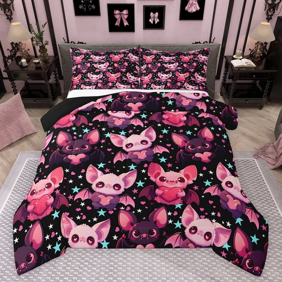 Feelyou Kawaii Pink Bat Queen Comforter Set for Kids, Magic Romantic Animal Bedding Sets, Cartoon Stars Print Reversible Bedding Comforter Set, Microfiber Bedroom Decor, 3pcs