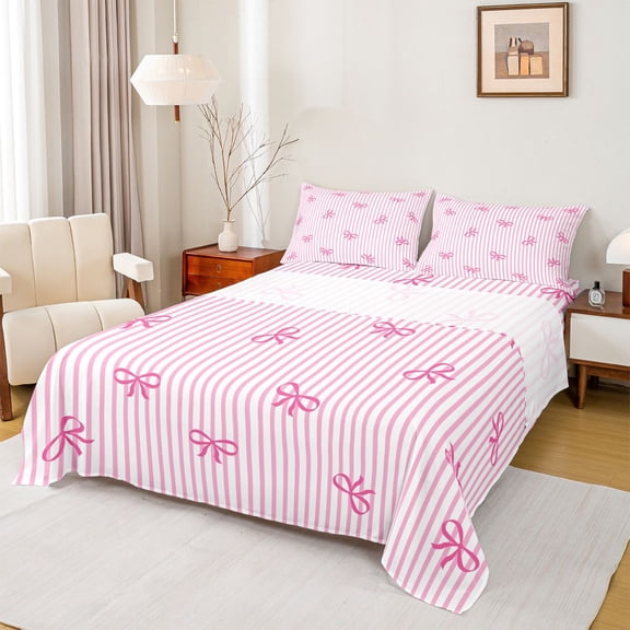 Feelyou Kawaii Pink Bowknot Teen Twin Sheet Sets, Stripes Lines Bedding, 3 Pieces