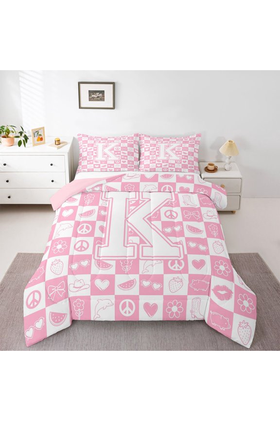 Kawaii Pink Buffalo Bedding Comforter Set for Girl, Initial K Letter Twin Comforter Sets, Princess Bowknot Floral Reversible Bedding Set, Super Cozy Room Decor, 2pcs