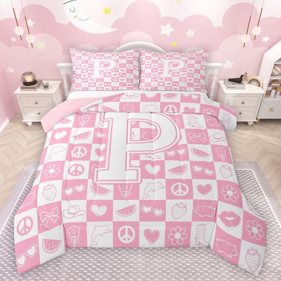 Feelyou Kawaii Pink Buffalo Bedding Comforter Set for Girl, Initial P Letter Twin Comforter Sets, Princess Bowknot Floral Reversible Bedding Set, Lightweight Room Decor, 2pcs