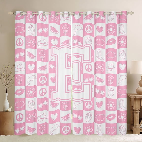 Feelyou Kawaii Pink Buffalo Blackout Curtains Set of 2 (52x84 Each) for Girl, Initial E Letter Window Curtains, Princess Bowknot Floral Curtains and Drapes, Curtains and Drapes Room Decor