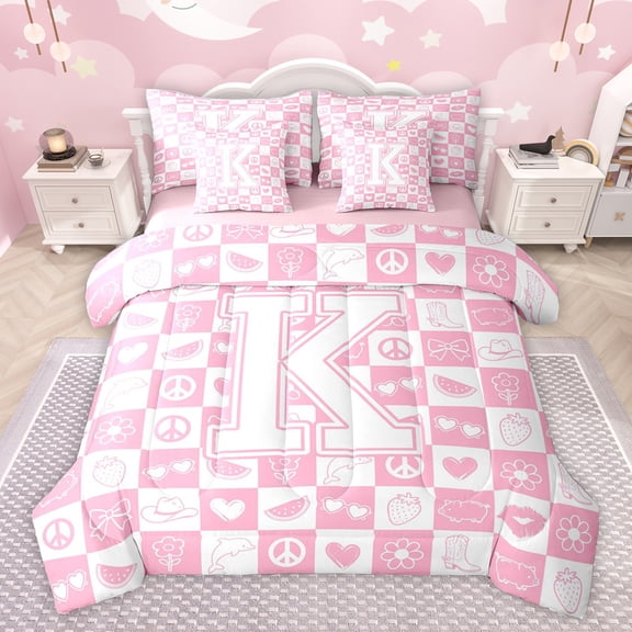 Feelyou Kawaii Pink Buffalo Twin Bedding Sets 7-Piece for Girl, Initial K Letter Bedding Comforter Set, Princess Bowknot Floral Reversible Sheet Sets, Super Cozy Room Decor