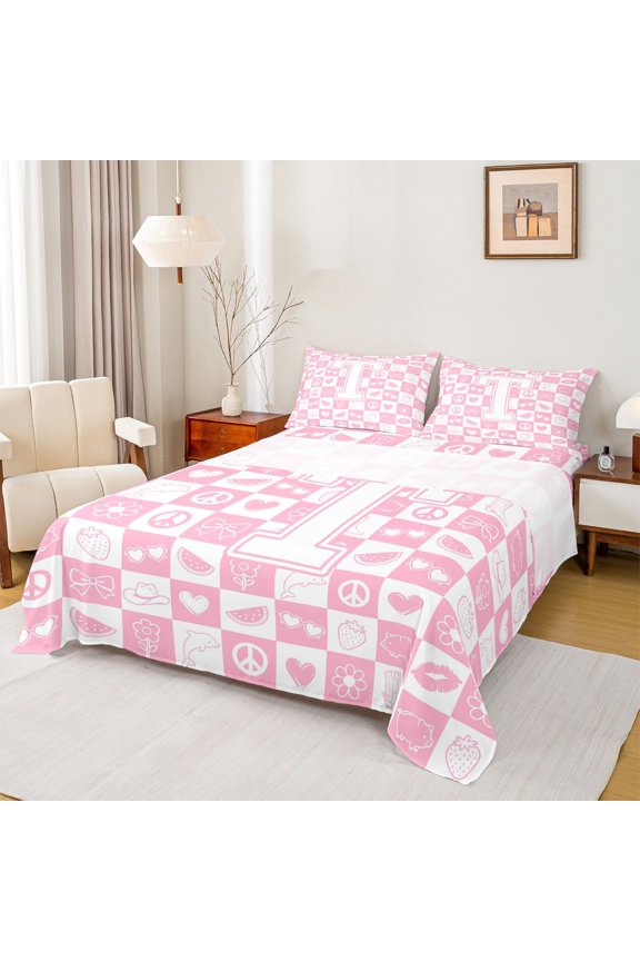 Kawaii Pink Buffalo Twin Sheet Sets for Girl, Initial T Letter Twin Fitted Sheet, Princess Bowknot Floral Flat Sheet, Microfiber Bedroom Decor, 3pcs