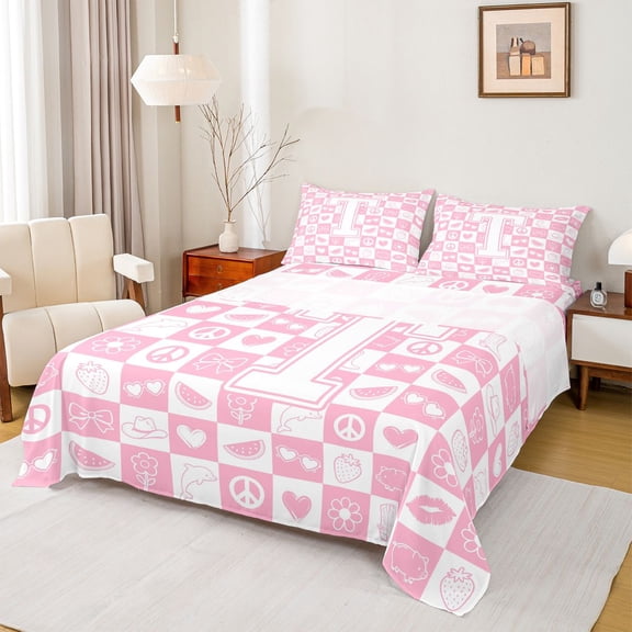 Feelyou Kawaii Pink Buffalo Twin Sheet Sets for Girl, Initial T Letter Twin Fitted Sheet, Princess Bowknot Floral Flat Sheet, Microfiber Bedroom Decor, 3pcs