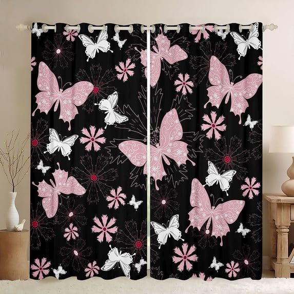 Feelyou Kawaii Pink Butterfly Black Out Curtains for Teen, Cartoon Cherry Blossoms Curtains Pack of 2 (42x63 Each), Tribal Mandala Style Bedroom Curtains, Living Room Curtains Decor
