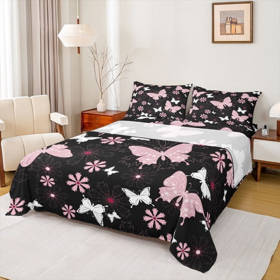 Feelyou Kawaii Pink Butterfly Full Size Sheets for Teen, Cartoon Cherry Blossoms Bed Sheets, Tribal Mandala Style Sheet Sets, Luxury Bedroom Decor, 4pcs