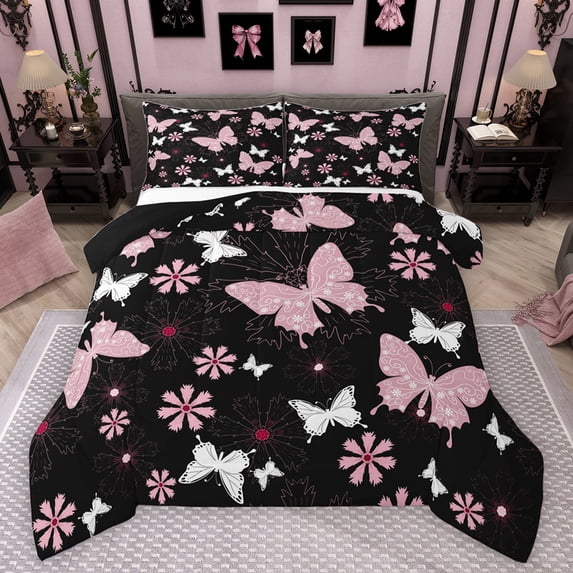 Feelyou Kawaii Pink Butterfly Queen Comforter Set for Teen, Cartoon Cherry Blossoms Bedding Sets, Tribal Mandala Style Reversible Bedding Comforter Set, Luxury Bedroom Decor, 3pcs