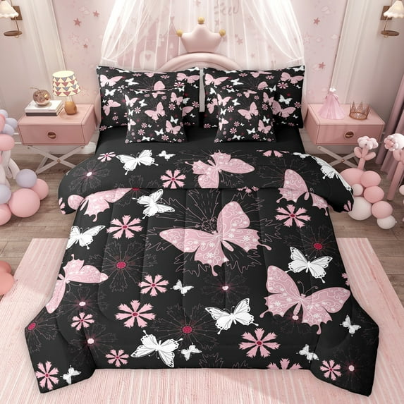 Feelyou Kawaii Pink Butterfly Twin Bedding Sets 7-Piece for Teen, Cartoon Cherry Blossoms Bedding Comforter Set, Tribal Mandala Style Reversible Sheet Sets, Luxury Bedroom Decor