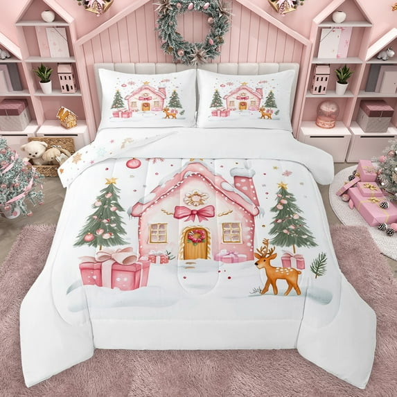 Feelyou Kawaii Pink Cabin Bedding Comforter Set for Girl, Cute Deer Animal Twin Comforter Sets, Merry Christmas Reversible Bedding Set, Lightweight Room Decor, 2 Pieces