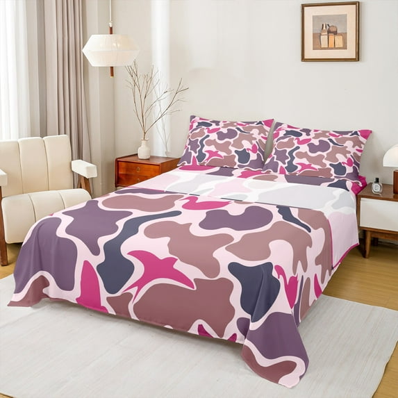 Feelyou Kawaii Pink Camouflage Queen Sheet Sets, Camo Abstract Ombre Flat Sheet, Vintage Fashion Style Queen Fitted Sheet, Lightweight Room Decor, 4pcs