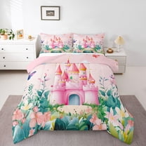 Feelyou Kawaii Pink Castle Bedding Comforter Set for Girl, Dreamy Fairy Tale Twin Comforter Sets, Spring Flower Floral Reversible Bedding Set, Microfiber Bedroom Decor, 2-Piece
