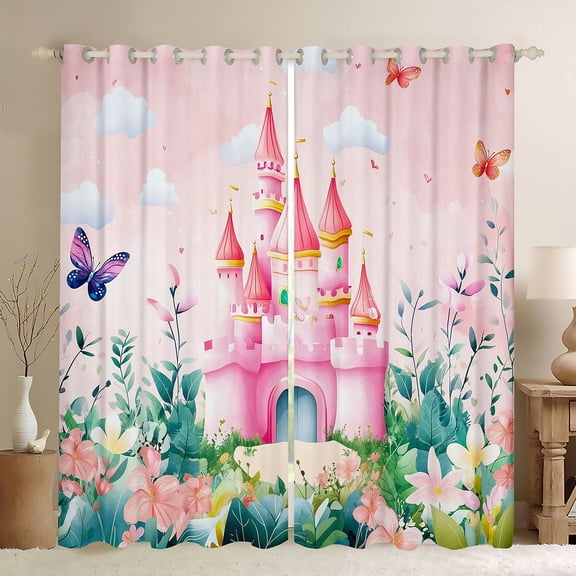 Feelyou Kawaii Pink Castle Black Out Curtains for Girl, Dreamy Fairy Tale Curtains Pack of 2 (42x63 Each), Spring Flower Floral Bedroom Curtains, Black Out Curtains Decor