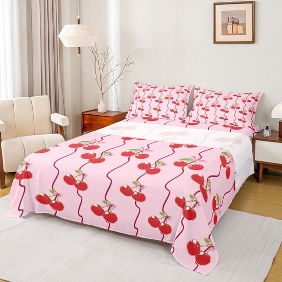 Feelyou Kawaii Pink Cherry Bed Sheets, Princess Cartoon King Sheets, 4pcs