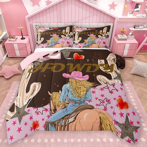 Feelyou Kawaii Pink Cowgirl Full Size Comforter Sets, Tribal Texas Stars Bedding Comforter Set, Western Cactus Plant Reversible Bedding Sets, Luxury Bedroom Decor, 3-Piece