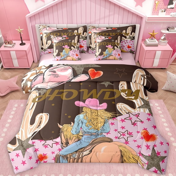 Feelyou Kawaii Pink Cowgirl Twin Bedding Sets 7-Piece, Tribal Texas Stars Bedding Comforter Set, Western Cactus Plant Reversible Sheet Sets, Luxury Bedroom Decor