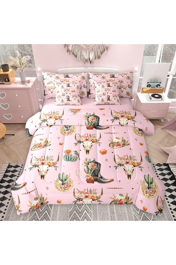 Kawaii Pink Cowgirl Twin Bedding Sets 7-Piece, Tribal Western Cowboy Bedding Comforter Set, Flower Skeleton Skull Reversible Sheet Sets, Ultra Soft Bedroom Decor