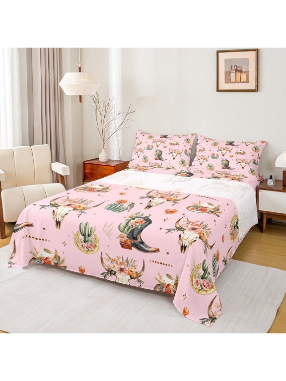 Kawaii Pink Cowgirl Twin Sheet Sets, Tribal Western Cowboy Twin Fitted Sheet, Flower Skeleton Skull Flat Sheet, Ultra Soft Bedroom Decor, 3pcs