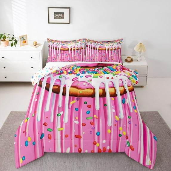 Feelyou Kawaii Pink Donut Queen Comforter Set, Dessert Cake Bedding Comforter Set, 3pcs