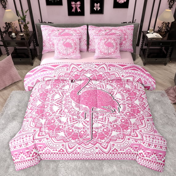 Feelyou Kawaii Pink Flamingo Bedding Comforter Set 7pcs for Girl, Chic Damask Flower Floral King Bedding Sets, Aztec Triangle Reversible Bed Sheets, Breathable Home Decor