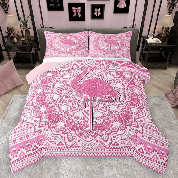 Feelyou Kawaii Pink Flamingo Bedding Comforter Set for Girl, Chic Damask Flower Floral Twin Comforter Sets, Aztec Triangle Reversible Bedding Set, Breathable Home Decor, 2 Pieces