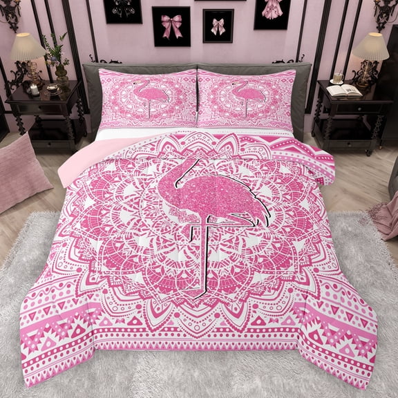 Feelyou Kawaii Pink Flamingo Bedding Comforter Set for Girl, Chic Damask Flower Floral Twin Comforter Sets, Aztec Triangle Reversible Bedding Set, Breathable Home Decor, 2 Pieces