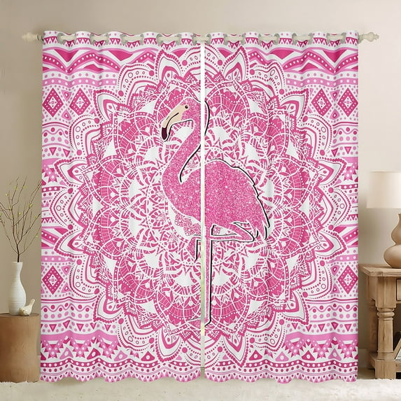 Feelyou Kawaii Pink Flamingo Black Out Curtains for Girl, Chic Damask Flower Floral Curtains Pack of 2 (42x63 Each), Aztec Triangle Bedroom Curtains, Window Curtains Home Decor