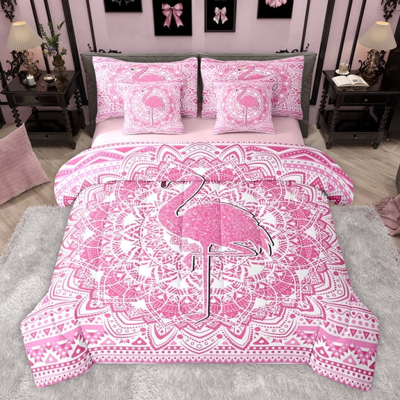 Feelyou Kawaii Pink Flamingo Twin Bedding Sets 7-Piece for Girl, Chic Damask Flower Floral Bedding Comforter Set, Aztec Triangle Reversible Sheet Sets, Breathable Home Decor