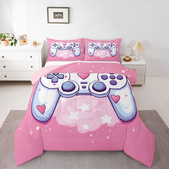 Feelyou Kawaii Pink Gamepad Bedding Comforter Set for Kids, Dreamy Stars Cloud Galaxy Twin Comforter Sets, Gaming Gamer Reversible Bedding Set, Ultra Soft Bedroom Decor, 2pcs